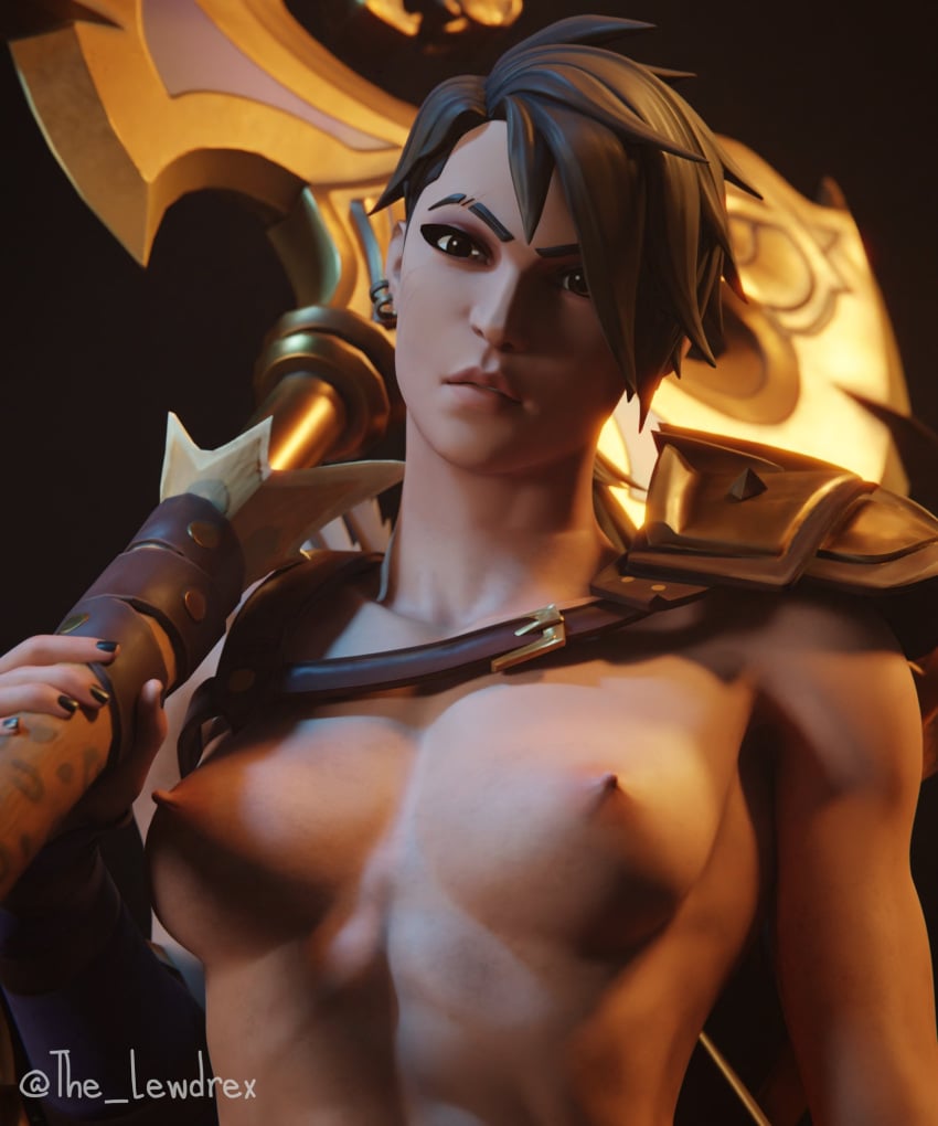 1girls 3d abs alternate_version_available angry angry_face areolae armor athletic athletic_female axe blender breasts brown_hair close-up dark-skinned_female dark_skin epic_games eye_contact female female_focus female_only fortnite gold gold_jewelry holding holding_axe holding_object jewelry lewdrex looking_at_viewer medium_breasts nipples nude nude_female pose posing presenting presenting_breasts shoulder_armor shoulder_pads sica_(fortnite) simple_background small_breasts solo solo_focus standing topless watermark