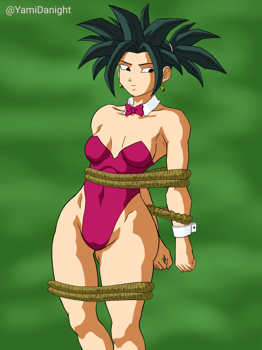 1girls arms_behind_back black_hair bondage bunnysuit collar dragon_ball dragon_ball_super femsub kafla kefla legs_together potara_earrings potara_fusion sex_slave slave yamidanight