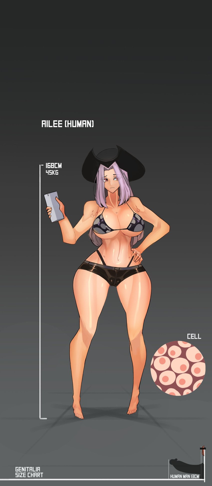 5_fingers 5_toes augmentation bare_midriff black_hat black_headwear bra cowboy_hat curvy deltoids egg_cell eyes_visible_through_hair female fit_female front_view full_body gradient_background grey_background hand_on_hip hat headwear height_chart highleg highleg_panties holding_object holding_smartphone hourglass_figure human large_breasts legs light_purple_hair linea_alba long_legs looking_away measurements midriff navel navel_line ovum platinum1945 pre-transformation shorts skinny tall_female thick_thighs thigh_gap thong transformation tsurime underboob vertical_navel wide_hips