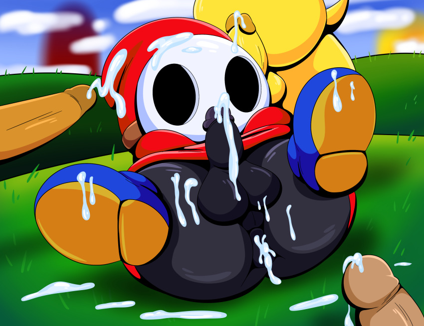 absurd_res after_sex anus ass black_body bodily_fluids bottomless clothed clothing cum cum_in_ass cum_inside cum_on_self cumshot ejaculation gangbang gay genital_fluids genitals goomba grass group hi_res koopa male mario_(series) mask masked masked_male nintendo offscreen_character outdoors penis plant red_hood scalie shy_guy small_penis spread_legs spreading super_mario_bros. tepigfan101 white_mask