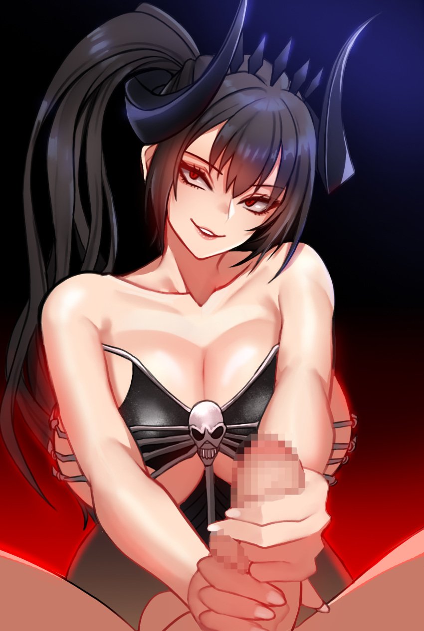 1boy 1girls assertive assertive_female black_hair breasts censored cleavage enormous_breasts handjob horns light-skinned_female light-skinned_male light_skin looking_at_viewer mabinogi male_pov mosaic_censoring penis ponytail pov red_eyes rur4885 succubus succubus_horns succubus_queen_(mabinogi_heroes) tiara vindictus