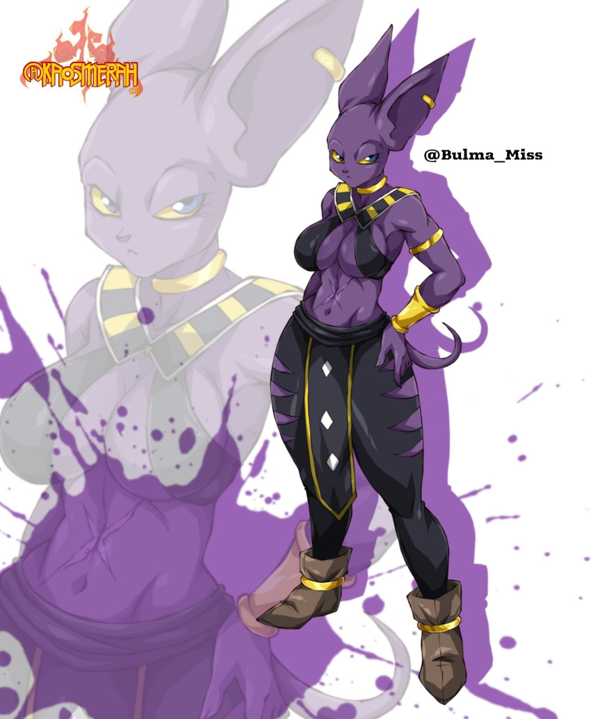 1girls anthro arm_band artist_request bassi commission dragon_ball dragon_ball_super dragon_ball_xenoverse dragon_ball_z female female_only furry furry_only gold_jewelry latex leggings looking_at_viewer oc original_character purple_body purple_skin revealing_clothes scar sphynx_(cat) tail