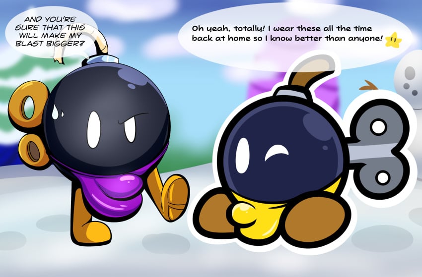 bob-omb bodily_fluids bulge clothing crossover detailed_bulge dialogue duo hi_res male mario_(series) nintendo non-human one_eye_closed paper_mario snow sweat sweatdrop tepigfan101 underwear waddling_head wink