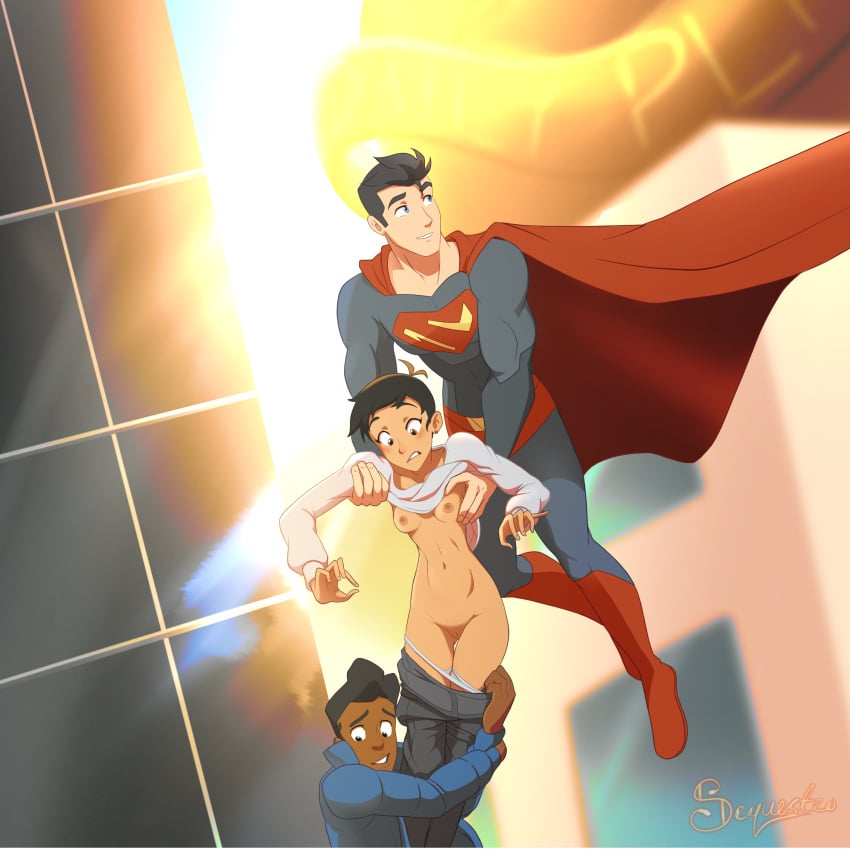 1girls 2boys 2boys1girl accidental_exposure black_hair blush breasts clark_kent clark_kent_(my_adventures_with_superman) dark-skinned_male dark_skin dc dc_comics female flying jimmy_olsen jimmy_olsen_(my_adventures_with_superman) lois_lane lois_lane_(my_adventures_with_superman) male my_adventures_with_superman nipples panties_down panties_pulled_down pants_down pants_pull pants_pulled_down pussy sequestro shirt_lift short_hair small_breasts superman superman_(series) tan-skinned_female tan_skin tomboy vagina wardrobe_malfunction