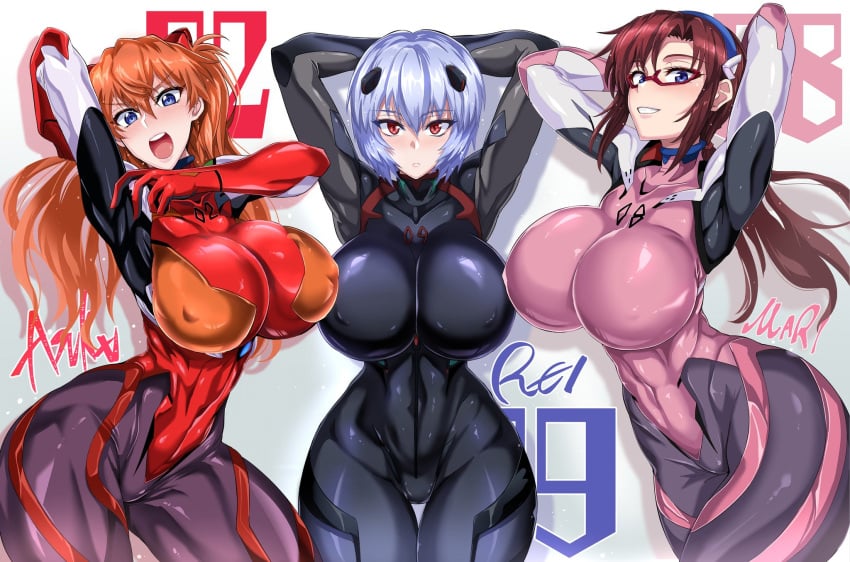 2023 3girls asuka_langley_sohryu big_breasts blue_eyes blue_hair bodysuit breasts brown_hair curvy english_text female female_only fully_clothed glasses hi_res high_resolution highres huge_breasts human interface_headset jet_puri jpeg large_breasts light_skin light_skinned_female long_hair looking_at_viewer mari_illustrious_makinami massive_breasts neon_genesis_evangelion orange_hair pale-skinned_female pale_skin pilot_suit plugsuit rebuild_of_evangelion red_eyes rei_ayanami short_hair small_waist standing text thick_thighs tight_bodysuit tight_clothing top_heavy trio voluptuous wide_hips