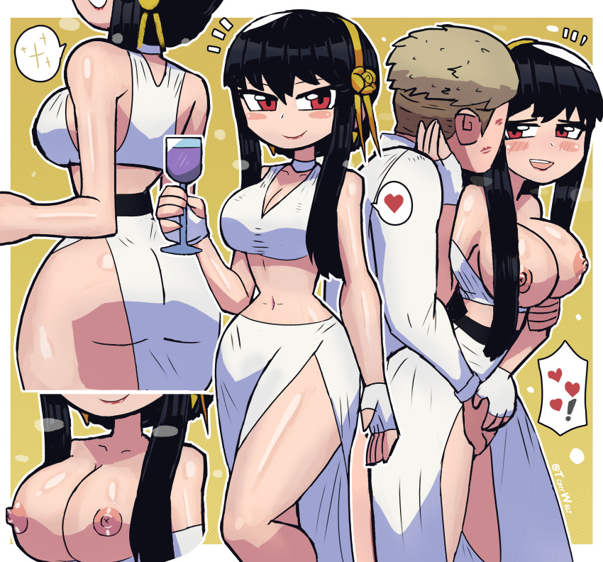 1boy 1girls areolae assassin big_breasts breasts breasts_out clothes female female_human human loid_forger male mature_female nipples spy_x_family thorn_princess tony_welt yor_briar yor_forger