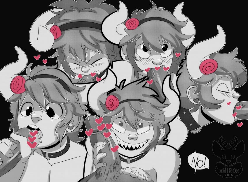 2boys androgynous blowjob blush choker collar dellinger erection fellatio femboy fish-men_(one_piece) flower_in_hair gay grin hairband heart heart_censor holding_penis horns humanoid licking_penis male male_only multiple_scenes multiple_views one_piece oral penis sharp_teeth smile solo_focus spot_color twink xnirox yaoi