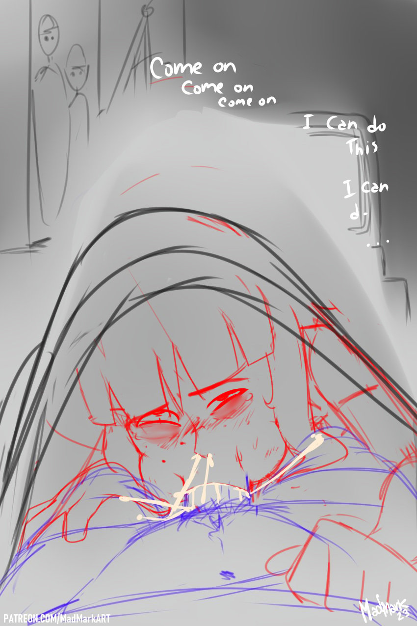 bangs blue_lineart blush buckteeth cum cum_in_mouth cum_in_nose cum_in_throat deepthroat eyes_rolling_back fellatio freckles hearts_around_text kara_eklund_(hitsujigoods) madmark neet neet_girl on_bed red_lineart sketch text wip