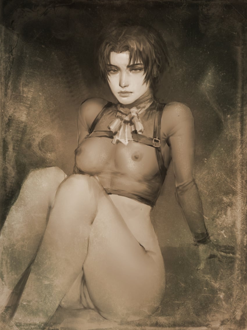 1girls attack_on_titan breasts genderswap_(mtf) genitals levi levi_ackerman monochrome neight no_bra no_panties pussy rule_63 see-through see-through_top shingeki_no_kyojin solo solo_female