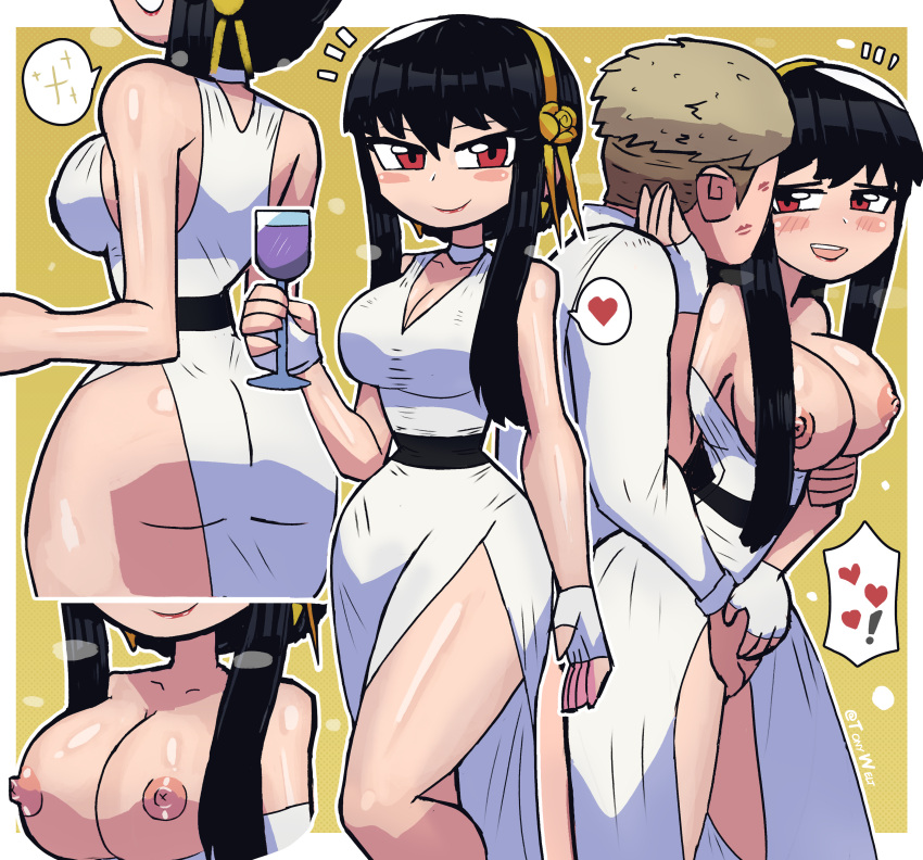 1boy 1girls areolae assassin big_breasts breasts breasts_out clothed female female_human human loid_forger male mature_female nipples spy_x_family thorn_princess tony_welt yor_briar yor_forger