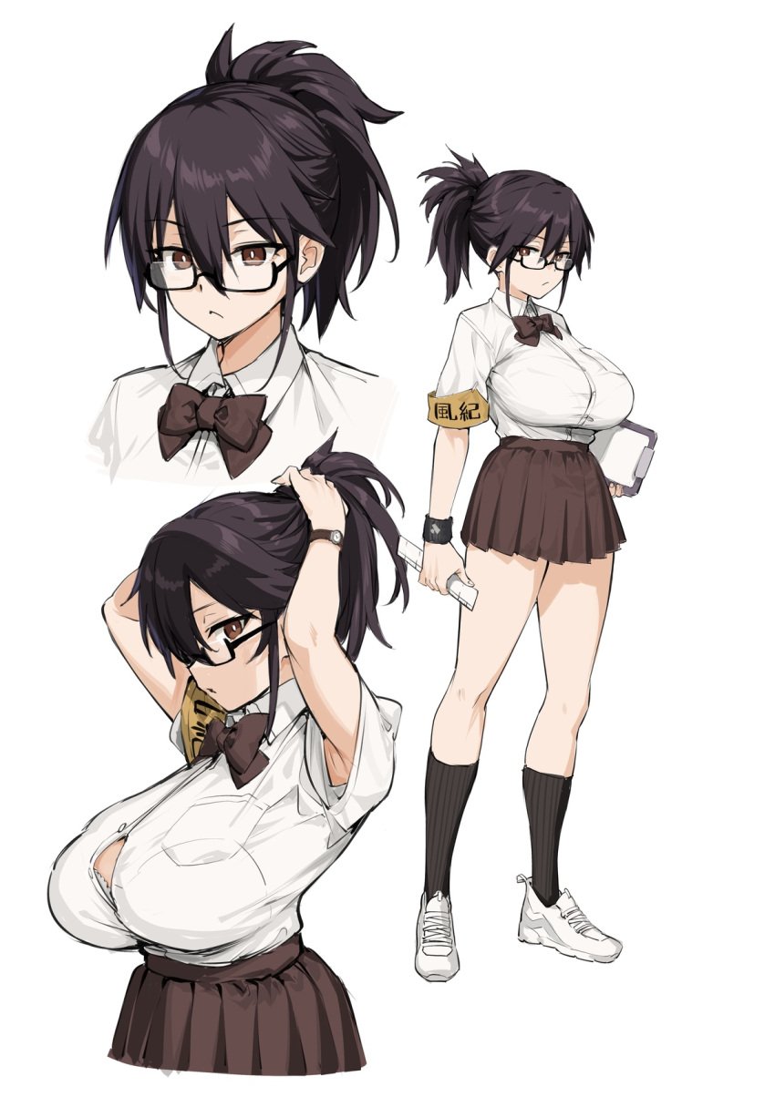 1girls 2d armband armpits arms_behind_head arms_up big_breasts bow bra_lines bra_peek bra_visible_through_clothes bralines breasts breasts_bigger_than_head button_gap chairman_(try) character_sheet design emotionless expressionless female female_focus female_only glasses huge_breasts kazama_ritsuko looking_at_viewer miniskirt original ponytail school_uniform schoolgirl short_skirt skirt tied_hair try try_(lsc) unamused unbuttoned unbuttoned_shirt uniform white_background white_bra