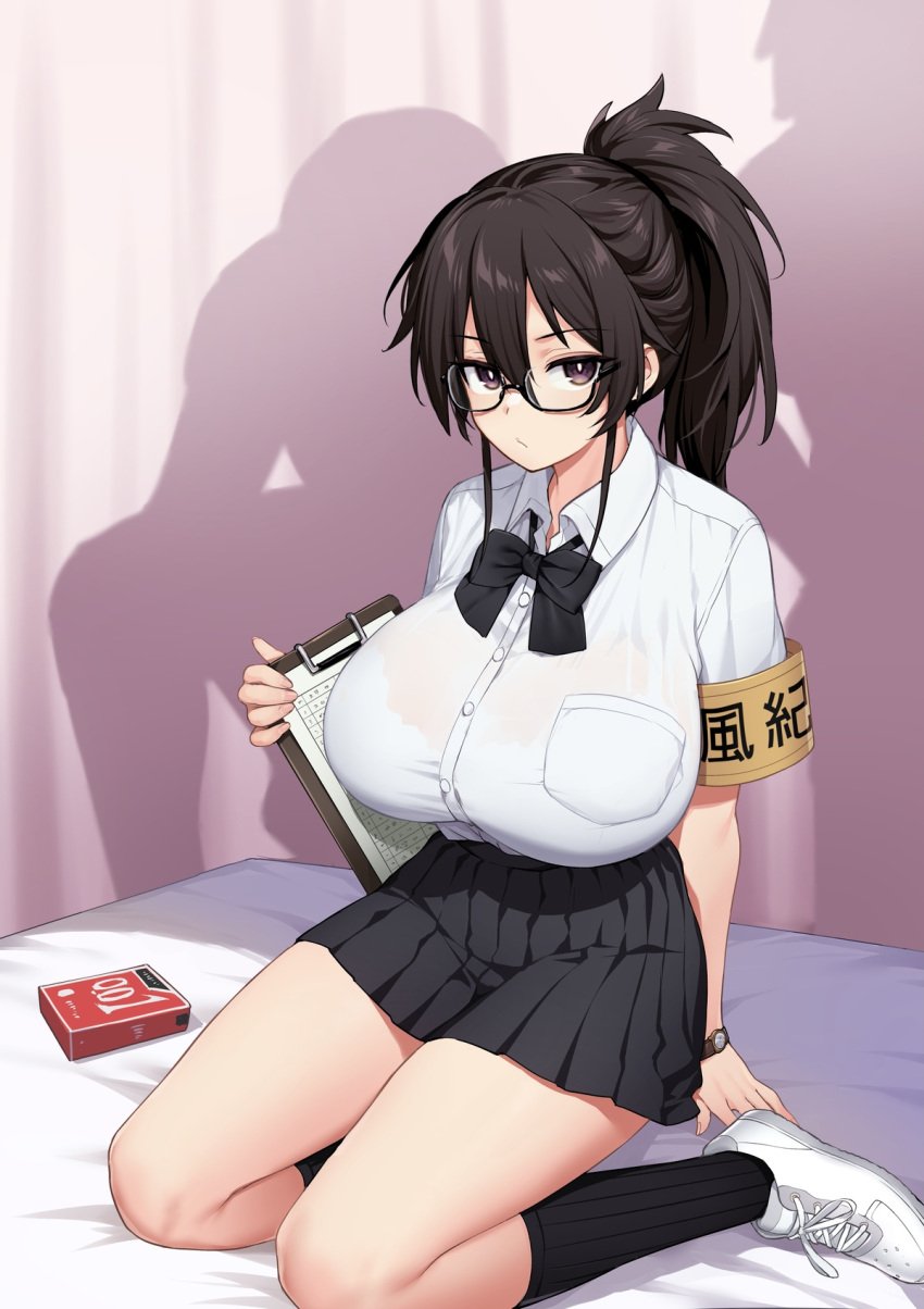 1girls 2boys 2d armband bed big_breasts bra bra_visible_through_clothes breasts breasts_bigger_than_head chairman_(try) condom condom_box cover_page curtains emotionless expressionless female female_focus female_only glasses huge_breasts indoors infirmary japanese japanese_text kazama_ritsuko kneeling looking_at_viewer miniskirt original ponytail school_uniform schoolgirl see-through see-through_clothing skirt text thick_thighs thighs tied_hair title title_drop title_page try try_(lsc) unamused uniform watch white_bra