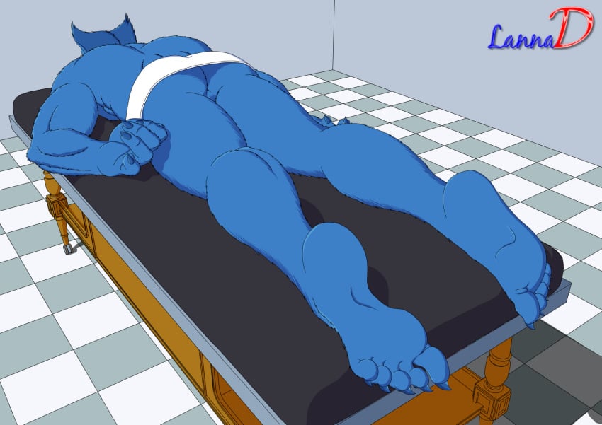 anthro ass beast_(x-men) big_feet blue_fur blue_skinned_male clawed_toes feet feet_focus furry hank_mccoy lannad male_feet male_only marvel massage_table mutant solo solo_male x-men