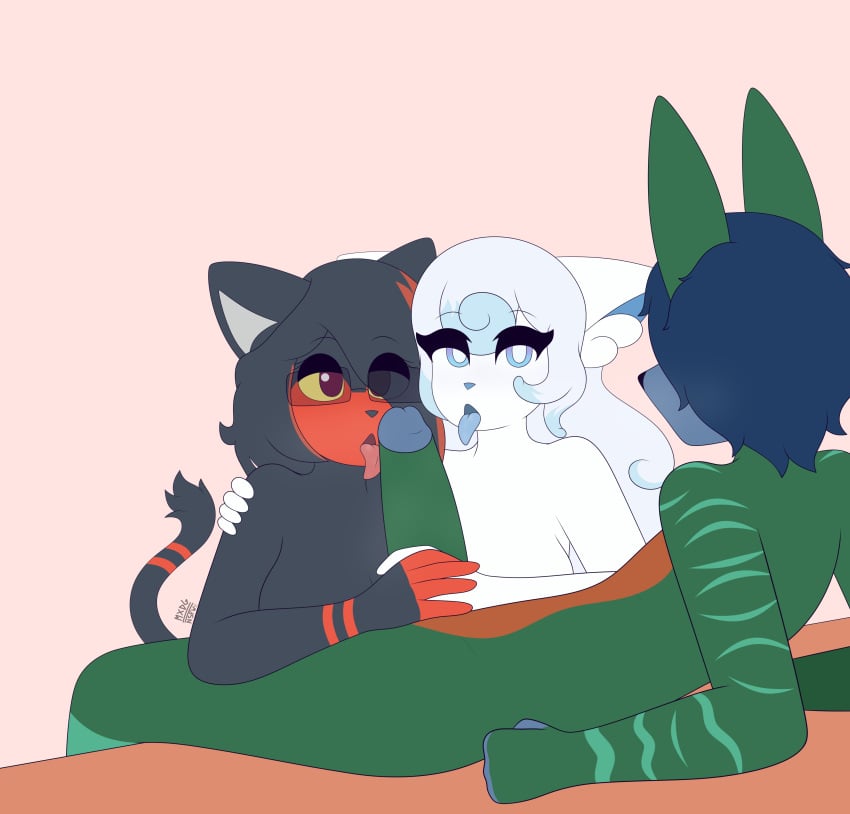 absurd_res alolan_form alolan_vulpix anthro black_body black_fur blue_hair eye_contact eyewear fan_character fellatio female fur genitals glasses green_body green_fur group hair hi_res kneeling_oral_position labster_yokota_(labster) lagomorph leporid litten looking_at_another looking_at_partner lying male male/female mammal max_draws nintendo nude on_back open_mouth oral penile penis pokemon pokemon_(species) rabbit rear_view red_body red_fur regional_form_(pokemon) ruby_katz_(labster) sex sitting tongue tongue_out trio valerye_mckenna_(labster) vulpix white_body white_fur