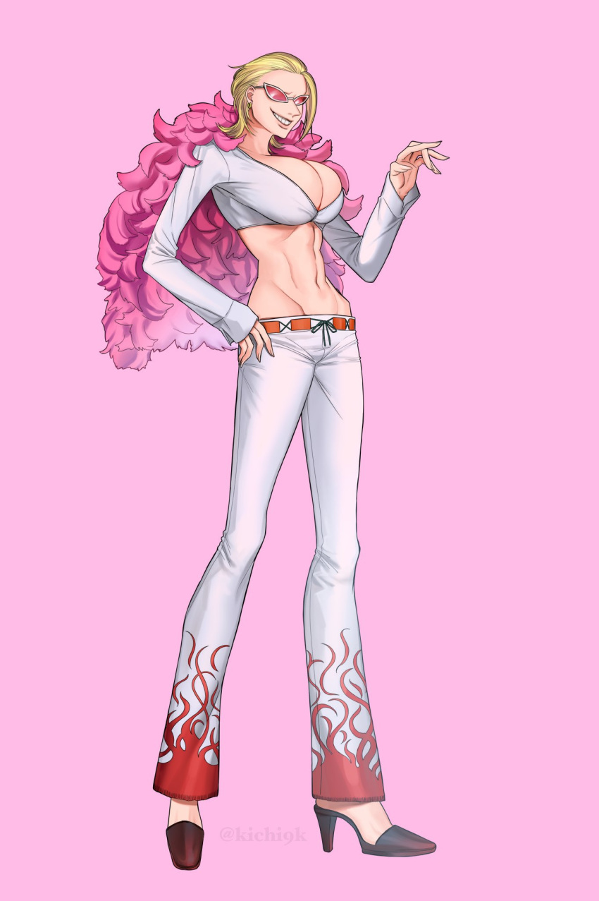 bare_midriff big_breasts blonde_hair canon_genderswap cleavage crop_top donquixote_doflamingo feather_coat female female_only full_body fully_clothed genderswap_(mtf) grin gu_goma_gu hair_slicked_back high_heels jacket_on_shoulders one_piece pink-tinted_eyewear pink_background rule_63 smile solo standing sunglasses tinted_eyewear