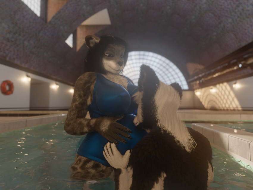 4:3 anthro belly blender(software) canid canine clothing eevee(renderer) felid feline female fox furry hi_res hot_tub jinsariakhavra mammal one-piece pantherine pool pregnant snow_leopard swimwear