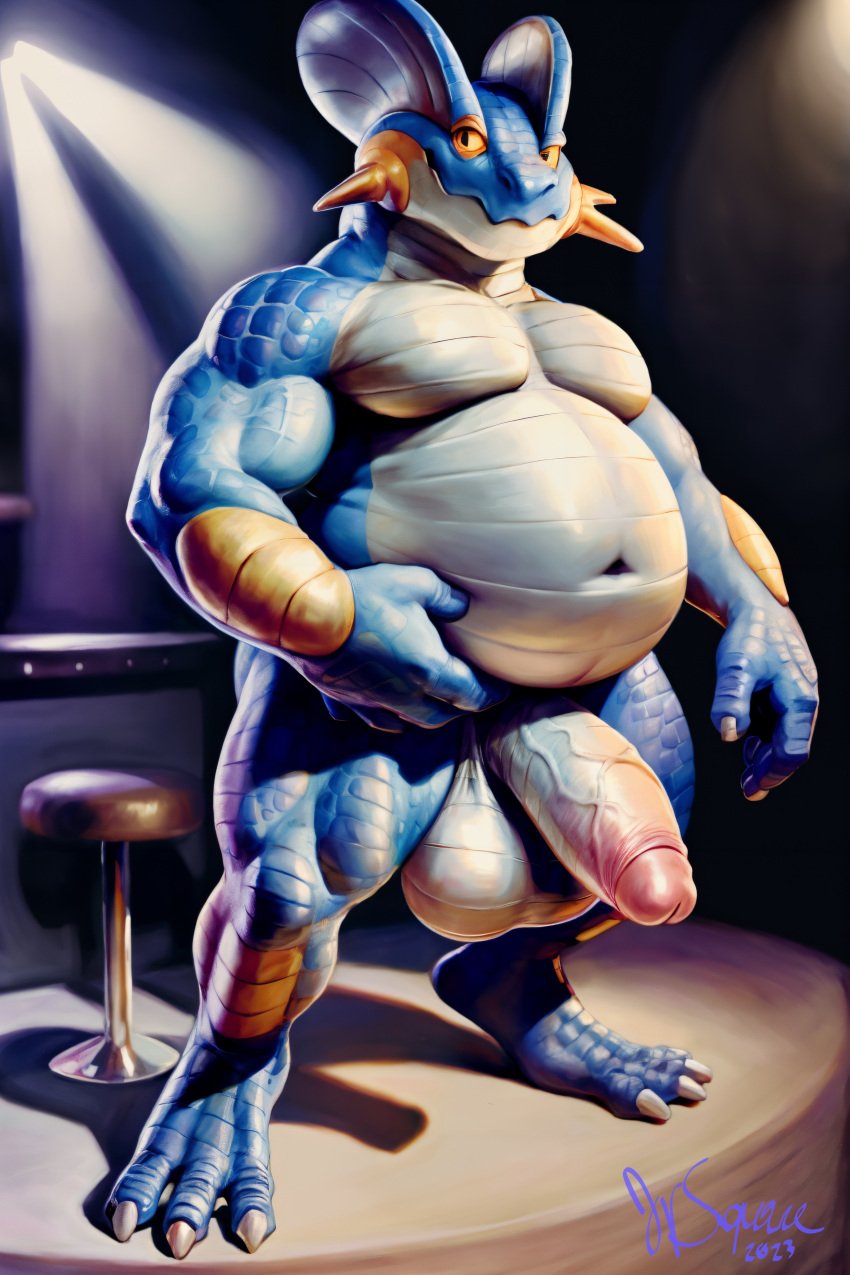 1boy 2023 3_toes 5_fingers amphibian anthro anthro_only balls ballsack bar bar_stool bara barazoku belly belly_button big_balls big_belly big_bulge big_penis black_eyes blue_body blue_scales blue_skin chubby chubby_anthro chubby_male detailed digital_drawing_(artwork) digital_media_(artwork) digitigrade feet flaccid foreskin game_freak gay generation_3_pokemon genitals hand_on_belly hi_res huge_balls huge_cock huge_filesize humanoid_genitalia humanoid_penis jrsquare looking_at_viewer male male_only moobs musclegut naked navel nintendo nude orange_sclera penis pink_penis pokemon pokemon_(species) pokemon_only public retracted_foreskin saggy_balls scales shadow signature smile smiling smiling_at_viewer solo standing stool swampert two_tone_body two_tone_penis two_tone_scales two_tone_skin veiny veiny_penis video_games white_balls white_body white_penis white_scales