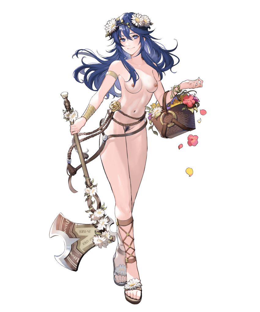 1girls alternate_costume axe bare_legs basket biggitybiggitybig blue_eyes blue_hair breasts completely_nude edit edited_official_artwork female female_only female_pubic_hair fire_emblem fire_emblem_awakening fire_emblem_heroes flower hair_flower head_wreath legs long_hair looking_at_viewer lucina_(fire_emblem) lucina_(valentine)_(fire_emblem) medium_breasts nintendo nipples nude nude_female nude_filter official_alternate_costume pubic_hair smile solo symbol-shaped_pupils transparent_background weapon