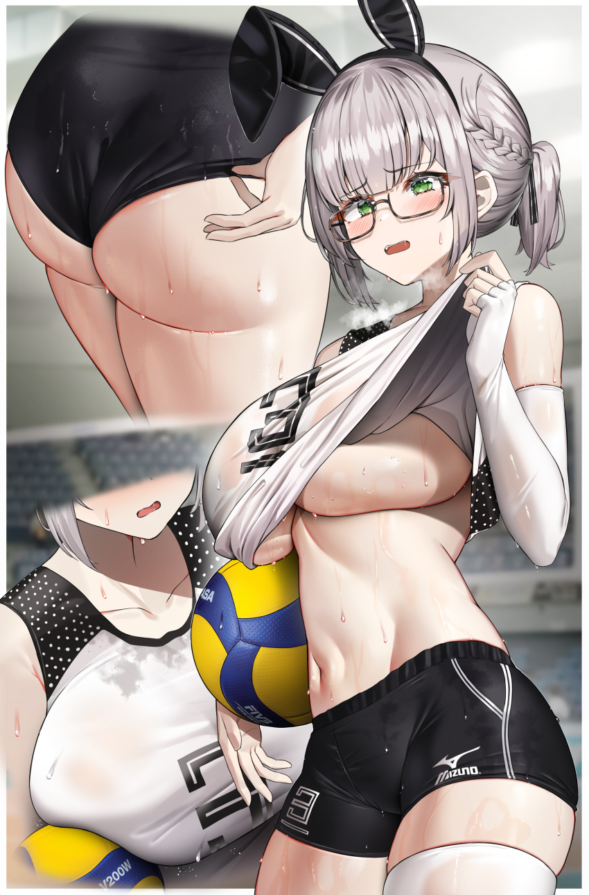 1girls ass big_ass blush booty_shorts breasts bunny_ears embarrassed female flustered glasses green_eyes hi_res high_resolution hololive hololive_fantasy hololive_japan huge_ass huge_breasts indoors kuse_(0201) light-skinned_female light_skin shirogane_noel short_shorts shorts silver_hair sportswear sweat sweaty_body virtual_youtuber volleyball_uniform white_hair