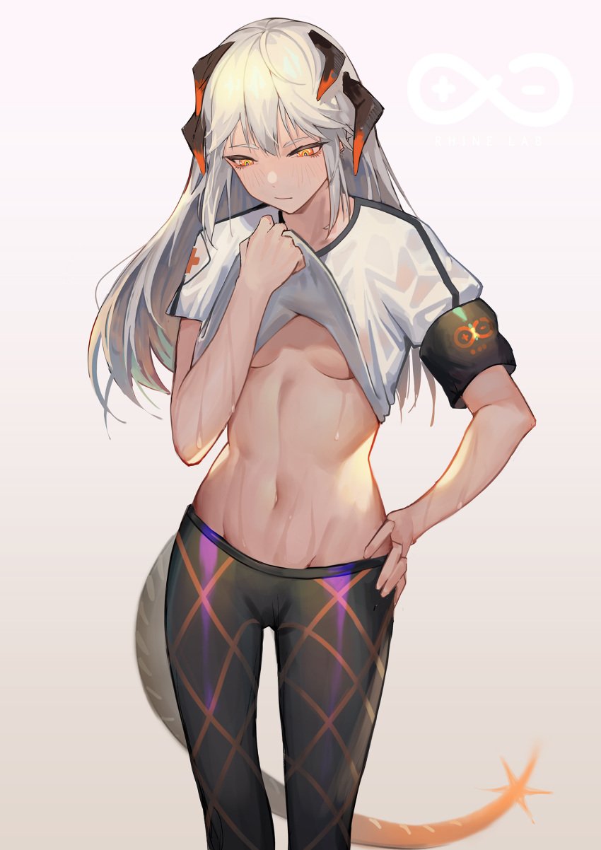 amber_eyes arknights female female_only hand_on_hip krin leggings lizard_tail looking_down muscular_female red_cross saria_(arknights) solo solo_female sportswear sweat sweating tail visible_breasts white_hair