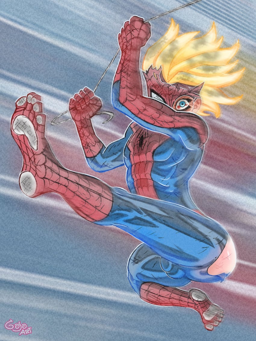 1boy blonde_hair blue_eyes feet_up femboy girly girly_boy gojotoyboy light-skinned_femboy light-skinned_male light_skin male male_only marvel marvel_comics motion_lines self_upload solo spider-man spider-man_(series) spider-man_suit swinging torn_clothes torn_clothing