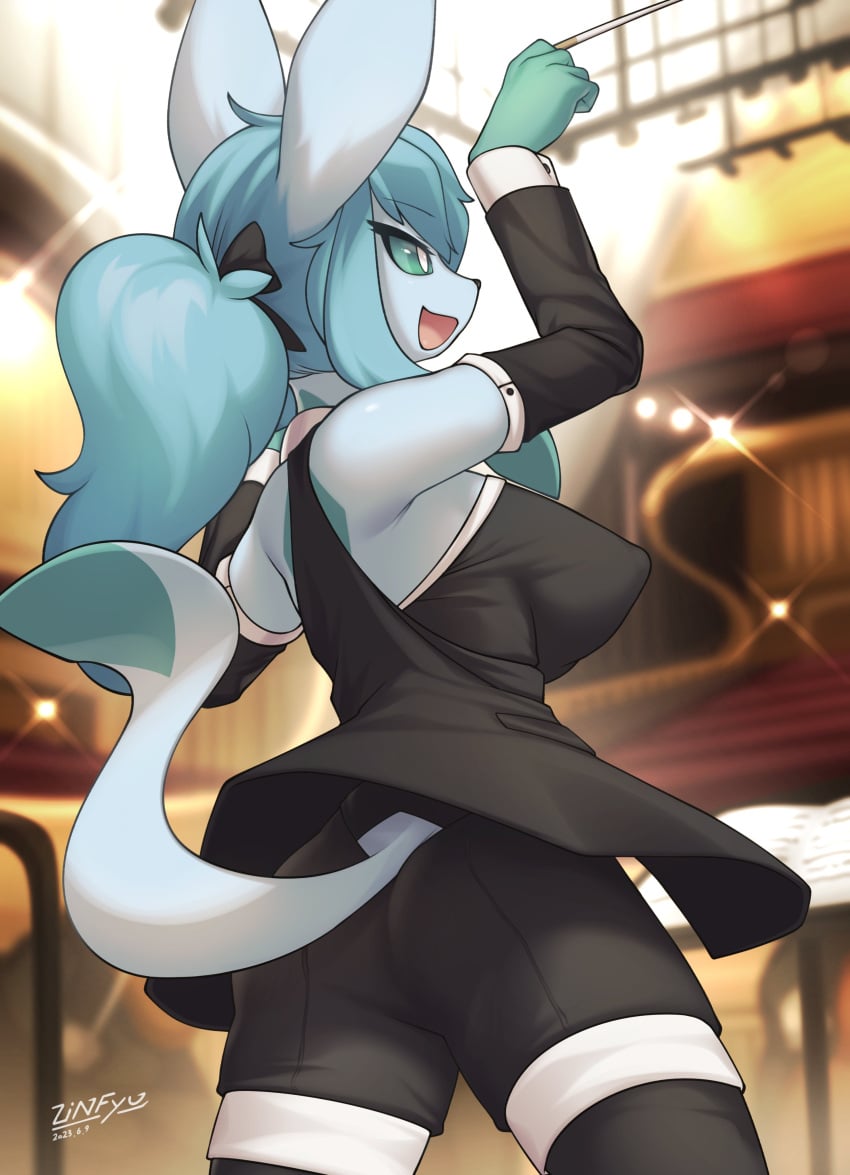 1girls anthro ass baton baton_(conducting) black_clothing blue_eyes blue_hair blue_nipples blue_skin blue_tail breasts clothing concert conducting_baton conductor conductor_uniform conductor_wand cuffs_(clothing) eeveelution exposed_shoulders furry generation_4_pokemon glaceon indoors large_breasts mouth_open pokémon_(species) pokemon ponytail sheet_music sideboob tail zinfyu