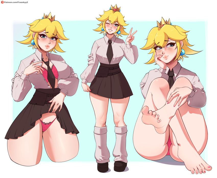 absurdres barefoot blonde_hair blue_eyes bra clothes_lift crown earrings feet fraankyy highres jewelry kneehighs knees_up leg_warmers legs lips looking_at_viewer loose_socks mario_(series) nail nail_polish necktie one_eye_closed panties princess princess_peach school_uniform schoolgirl shirt short_hair shy skirt skirt_lift smile socks toenail_polish toenails toes underwear white_socks wide_hips