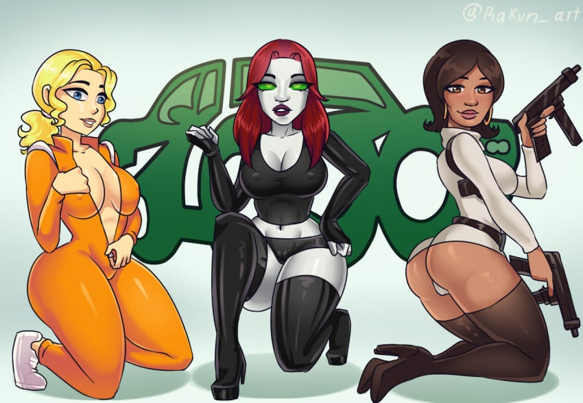 3girls adult_swim antagone archer_(series) cartoon_network crossover debbie_dupree female female_only frisky_dingo grace_ryan lana_kane orange_bodysuit pinup rakunart sealab_2021 tec-9 unzipping unzipping_bodysuit