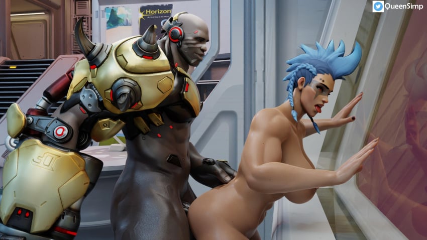 3d bent_forward bent_over cock_hungry cock_worship dark-skinned_male dark_skin doomfist female interracial junker_queen junkqueensimp overwatch overwatch_2 overweight wall