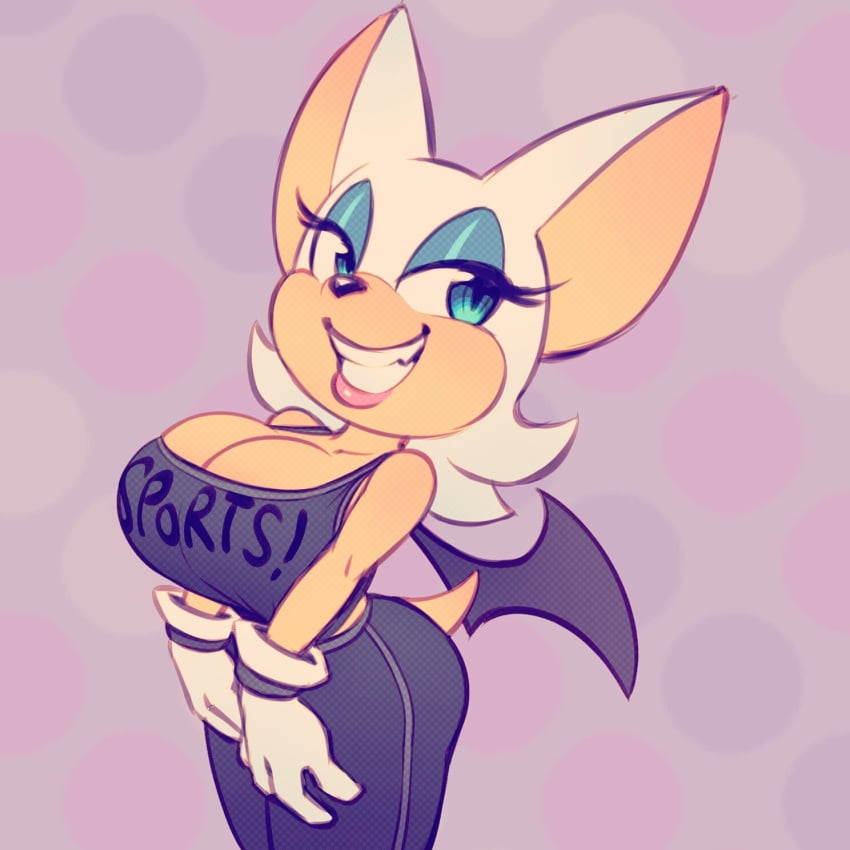 1:1 anthro bat big_breasts bra breasts cleavage clothed clothing english_text eyeshadow fangs female fully_clothed gloves hair hands_on_legs hands_on_thighs handwear hi_res looking_at_viewer makeup mammal nitro rouge_the_bat sega simple_background smile solo sonic_(series) sonic_the_hedgehog_(series) sports_bra sportswear teal_eyes teeth text text_on_clothes text_on_clothing text_on_shirt text_on_tank_top text_on_topwear thick_thighs underwear white_hair wings writing_on_clothes