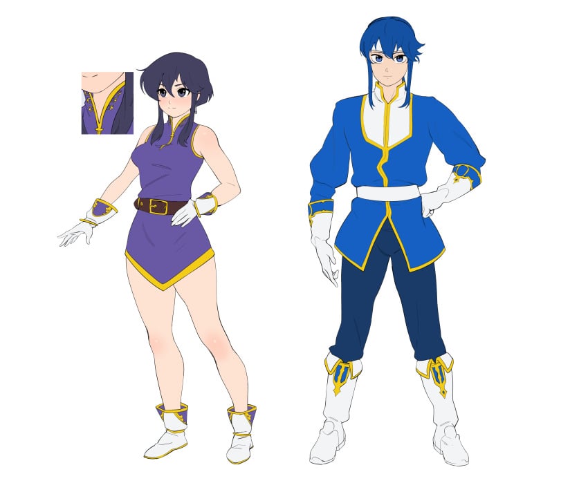 1boy 1girls absurdres athos_(athosart) athosart bad_source belt black_eyes black_hair blue_eyes blue_hair boots bracelet closed_mouth commission earrings female fire_emblem fire_emblem:_genealogy_of_the_holy_war gloves headband highres jewelry larcei_(fire_emblem) male nintendo pants ponytail reference_sheet seliph_(fire_emblem) short_hair standing tomboy tunic white_background