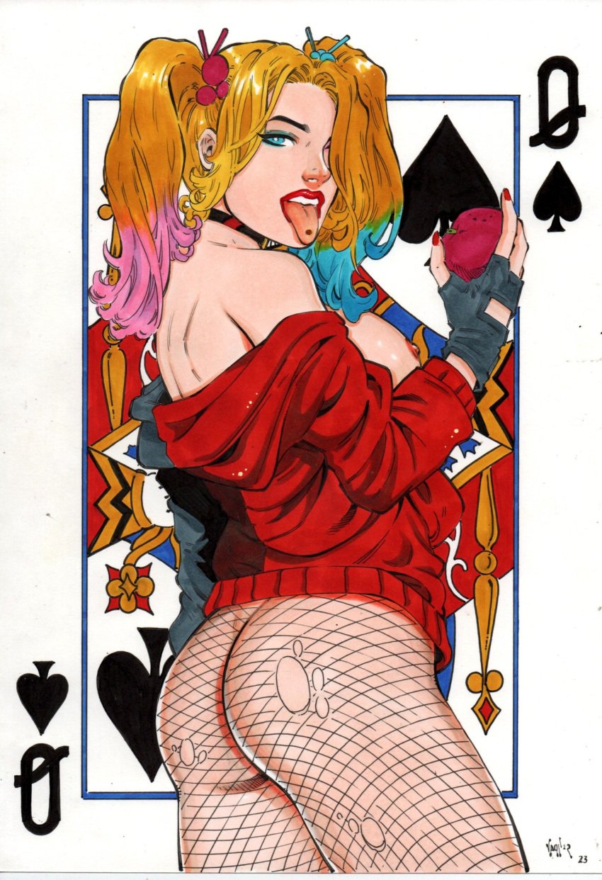 1girls 2023 apple ass batman_(series) blonde_hair breasts bubble_butt curvaceous curvy_body curvy_female dc dc_comics ed_benes_studio erect_nipples female female_only fishnet_legwear fishnets harley_quinn hi_res huge_breasts jacket looking_at_viewer multicolored_hair nipple_bulge nipples pierced_tongue pigtails pink_nipples seductive_look solo solo_focus tongue_piercing vagner_fernandes