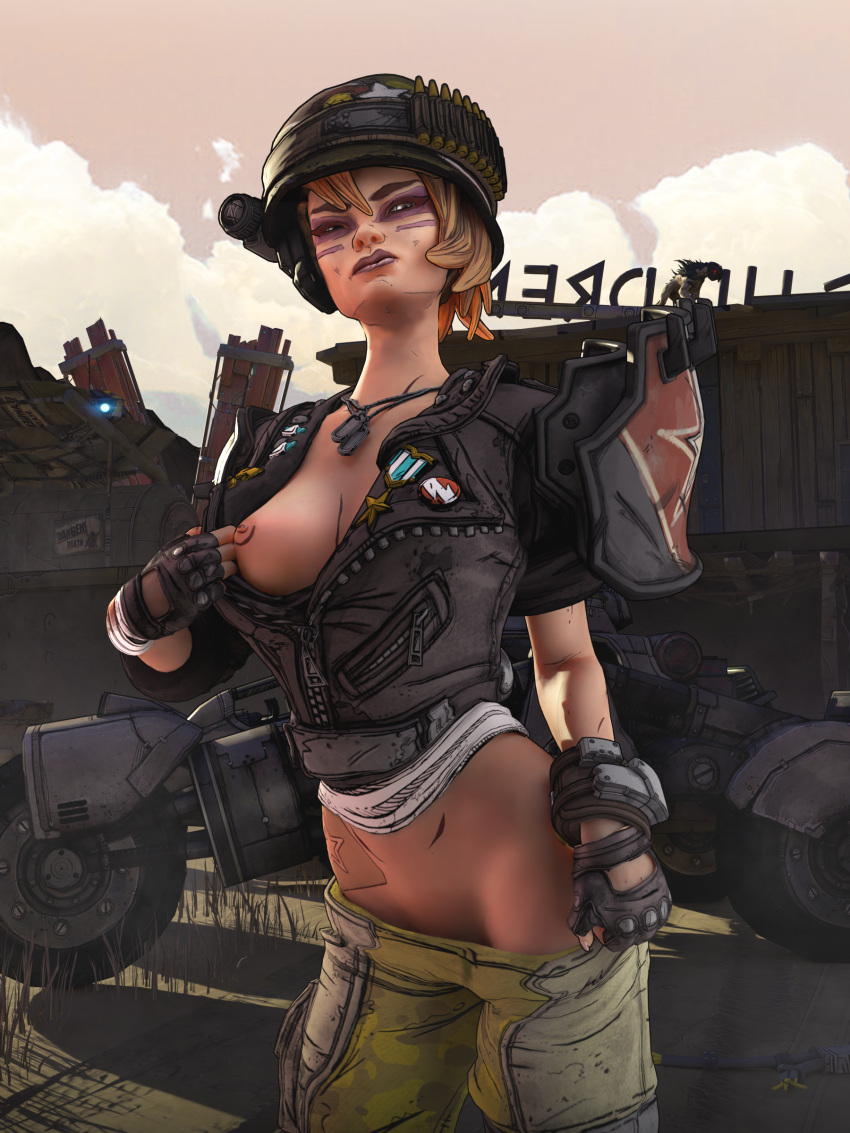 3d alternate_version_available blender borderlands borderlands_3 brown_hair clothed disgusted flashing flashing_breasts flashing_pussy moze_(borderlands) rekkakun shaved_pussy soldier tasteful_nudity