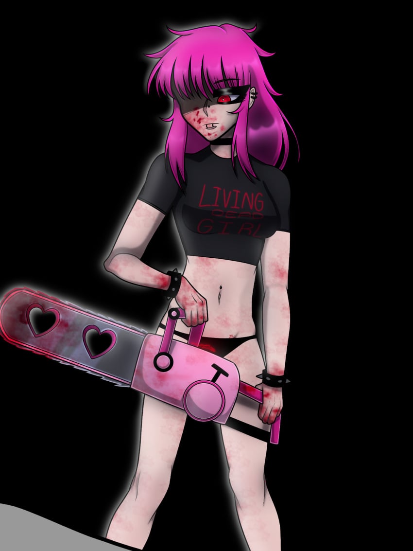 anon artist_self-insert artist_signature blood chainsaw choker crop_top cute_deth cute_deth(artist) cute_deth(character) emo_girl implied_murder panties pink_hair red_eyes self_insert spiked_bracelet yandere