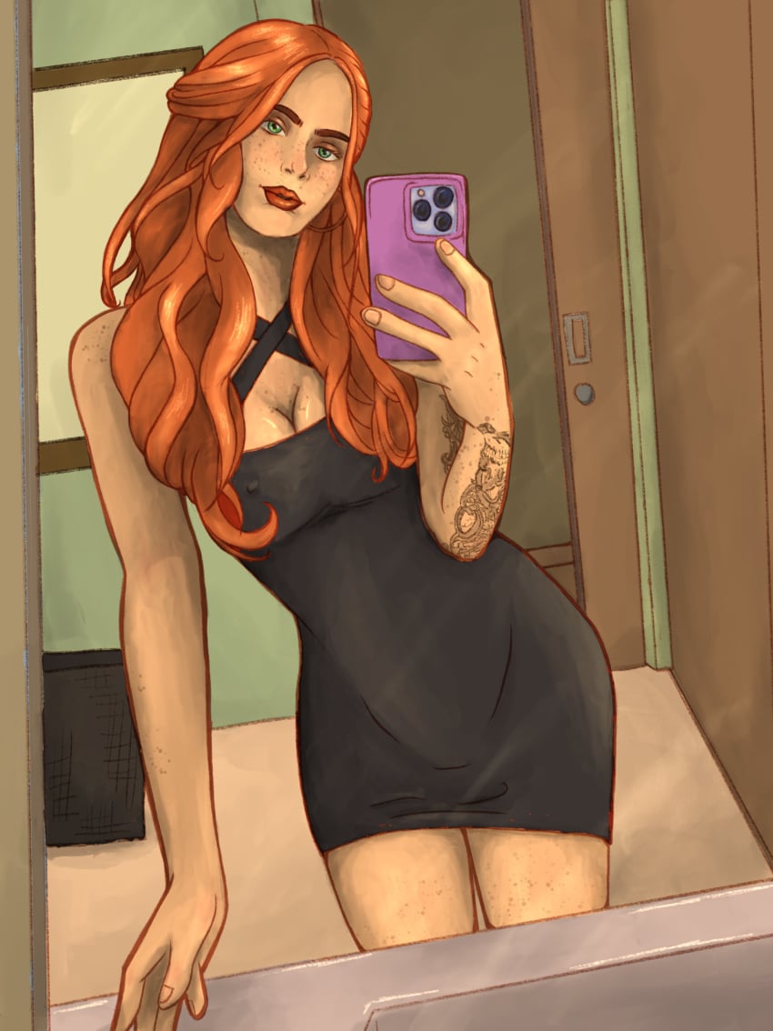 bathroom black_dress grand_theft_auto grand_theft_auto_online grand_theft_auto_v green_eyes horrificdgn jenny_hall mirror mirror_selfie nopixel red_hair selfie tagme tattoo