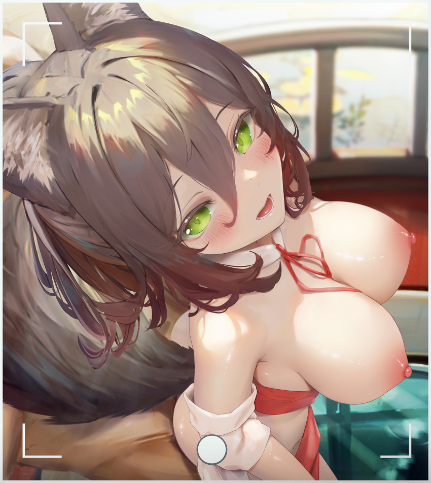 1boy :d absurdres animal_ears ass bare_breasts bare_shoulders blush breasts breasts_out brown_hair cleavage cowgirl_position female fox fox_ears fox_girl fox_tail green_eyes highres honkai:_star_rail honkai_(series) implied_sex jm1990henan large_breasts long_hair looking_at_viewer naked_collar naked_ribbon naked_sleeves nipples ponytail ribbon sex smile soft_breasts solo_focus straight tail tingyun_(honkai:_star_rail) viewfinder wakipai