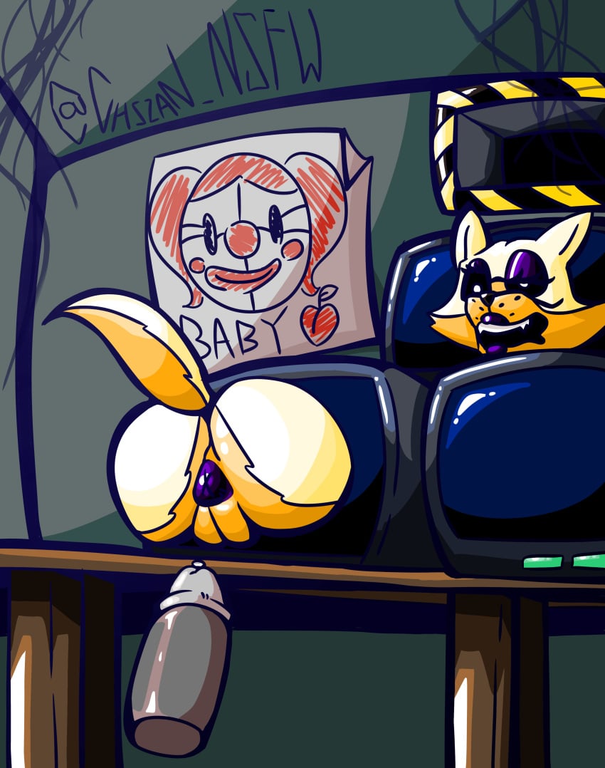 1girls 2d 2d_(artwork) artist_name ass ass_up asshole baby_(fnafsl) big_ass big_butt black_sclera chszan_chan circus_baby circus_baby_(fnaf) disembodied_penis five_nights_at_freddy's five_nights_at_freddy's:_sister_location fox fox_ears fox_girl fox_tail fur furry grey_skin imminent_penetration imminent_sex imminent_vaginal lolbit_(fnaf) looking_back looking_pleasured monitor monitors orange_fur pussy_juice screen tagme through_screen through_wall vagina ventilation_shaft white_fur white_pupils yellow_fur