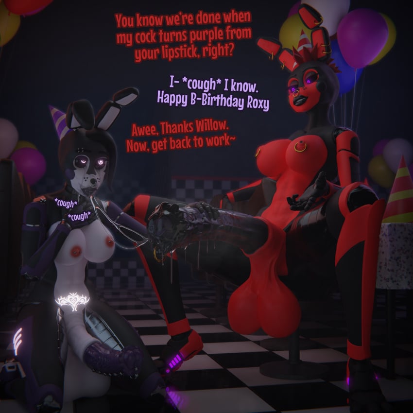 1:1 3d 3d_(artwork) animal_genitalia animal_penis animatronic anthro balloon balls big_balls big_penis birthday bodily_fluids bonnie_(fnaf) clothing coughing crying deanshornies dialogue dickgirl duo english_text equine_genitalia equine_penis fan_character fellatio five_nights_at_freddy's futa futanari genital_piercing genitals gynomorph hair hand_on_chest hand_on_penis hat headgear headwear hi_res huge_cock hyper hyper_genitalia hyper_penis inflatable intersex intersex/intersex lipstick_on_penis machine nipple_piercing nipples oral party_hat penile penis penis_piercing piercing pubic_tattoo robot roxy_(rktzxq) saggy_balls saliva saliva_on_face saliva_on_penis saliva_string scottgames sex sitting spread_legs spreading tears text willow_(deanshornies)