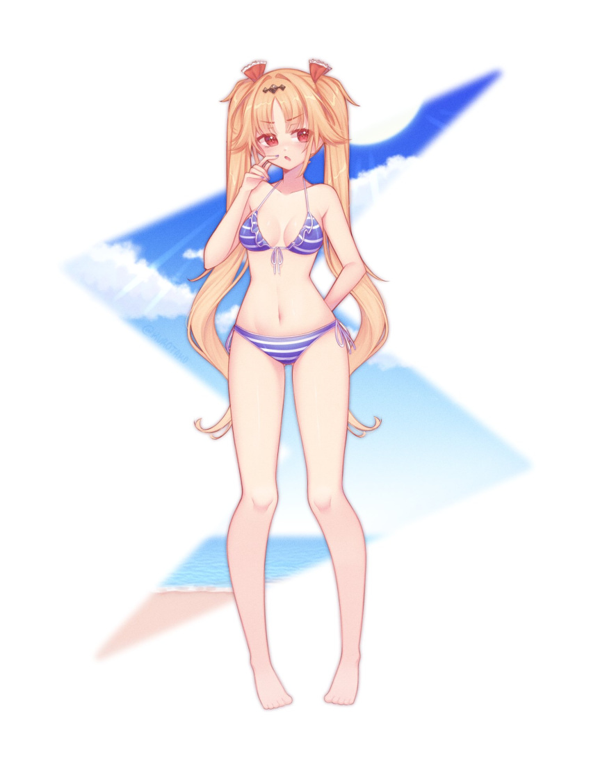 beach bikini blonde_hair blue_bikini blush embarrassed endou_lily pout red_eyes sedai_one striped_bikini tsundere twintails virtual_youtuber