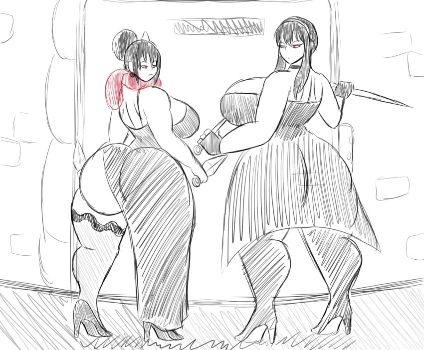 2girls assassin big_ass big_breasts cleavage crossover dress exposed_ass igphhangout mizu_(igphhangout) multiple_girls spy_x_family yor_briar yor_forger