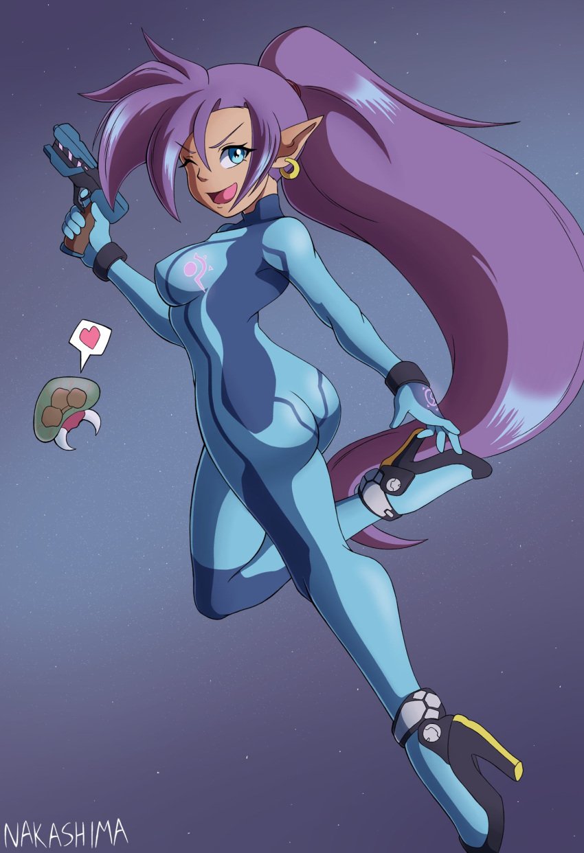 5_fingers alternate_costume artist_name ass blue_bodysuit blue_eyes bodysuit breasts crossover dark-skinned_female dark_skin earrings female female_focus female_only from_behind full_body hair hand_up heart holding_gun impossible_bodysuit jpeg leg_up medium_breasts metroid nakashima_(artist) nintendo nipples_visible_through_clothing one_eye_closed open_mouth paralyzer parted_bangs pointy_ears ponytail purple_hair shantae shantae_(character) sideboob skin_tight smile smooth_skin solo space_background spoken_heart tagme varia_suit winking_at_viewer zero_suit