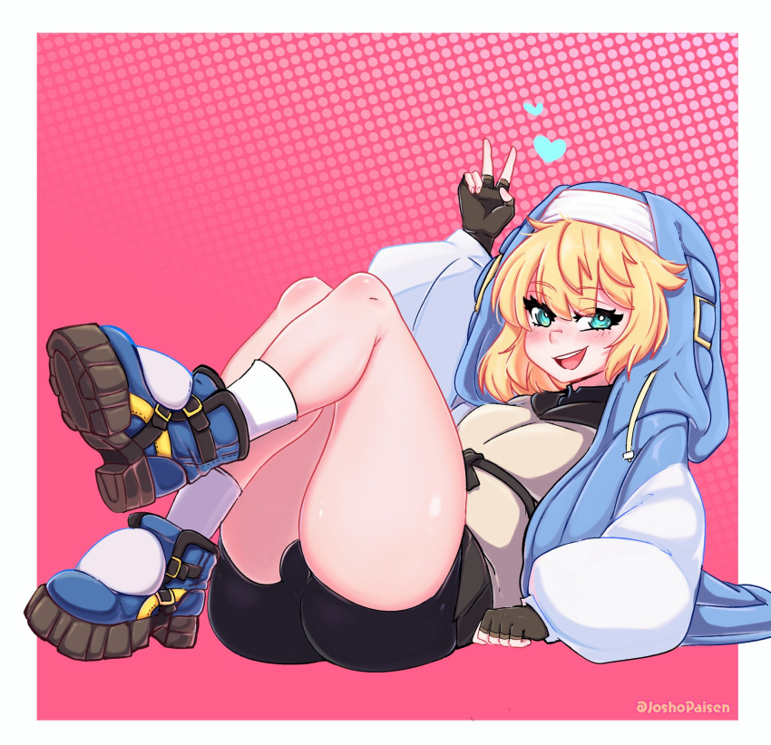 1boy 2023 bike_shorts blonde_hair blush bridget bulge cute cyan_eyes eyebrows_visible_through_hair eyelashes femboy girly gloves guilty_gear hearts jacket joshopaisen light_skin male peace_sign pose solo thick_thighs