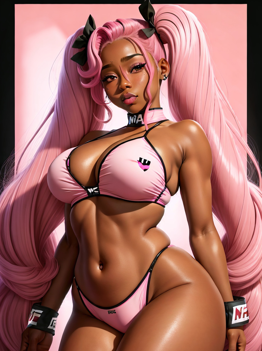 ai_generated big_breasts brown_eyes busty choker cleavage curvy dark-skinned_female fit_female long_hair mma_gloves nia_(dainty) original_character pink_hair sportswear stable_diffusion thick_thighs thong thong_straps twintails