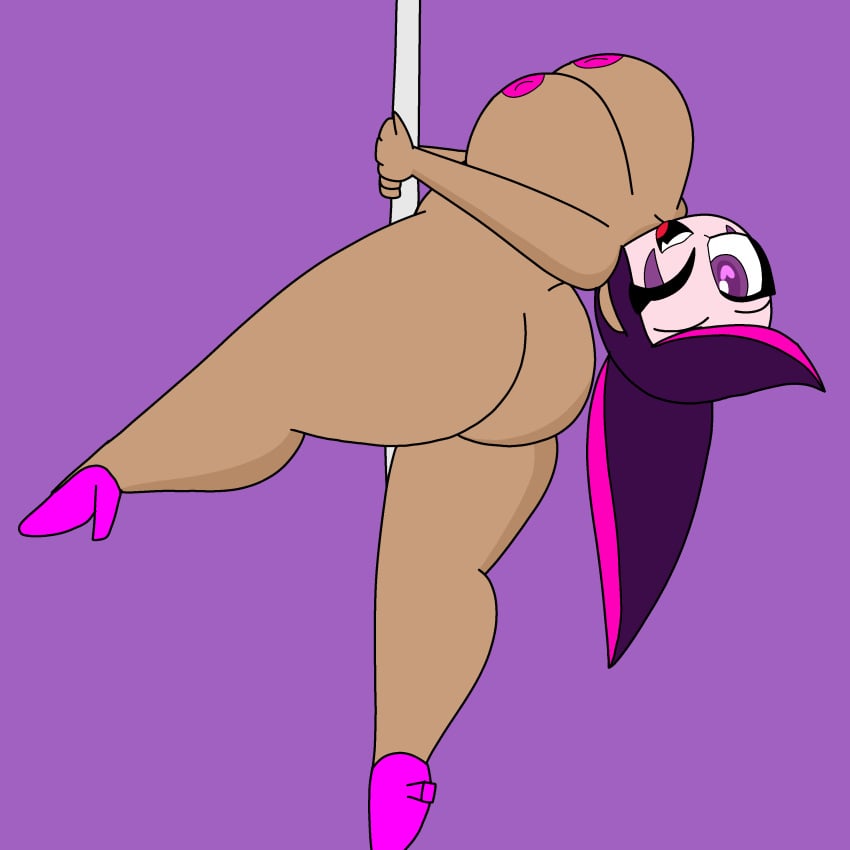 big_ass big_breasts brown_skin clown_girl jacksita1234 one_eye_closed pink_nipples pole_dancing purple_eyes purple_hair shell'it