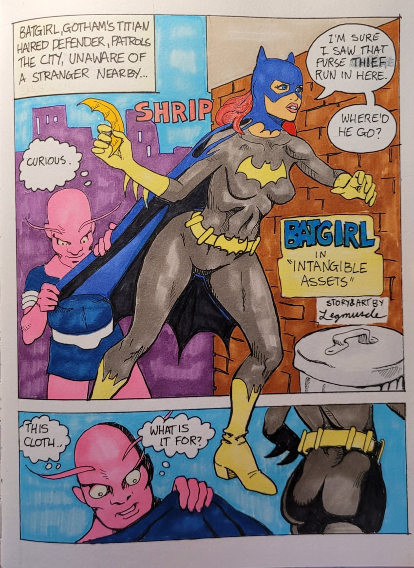 alien barbara_gordon batgirl batman_(series) belt comic dc dc_comics dialogue exposed_bra fully_clothed legmuscle masked oblivious page_1 pink_bra pink_panties red_hair redhead stripped superheroine toned toned_female torn_cape torn_clothes torn_clothing underwear