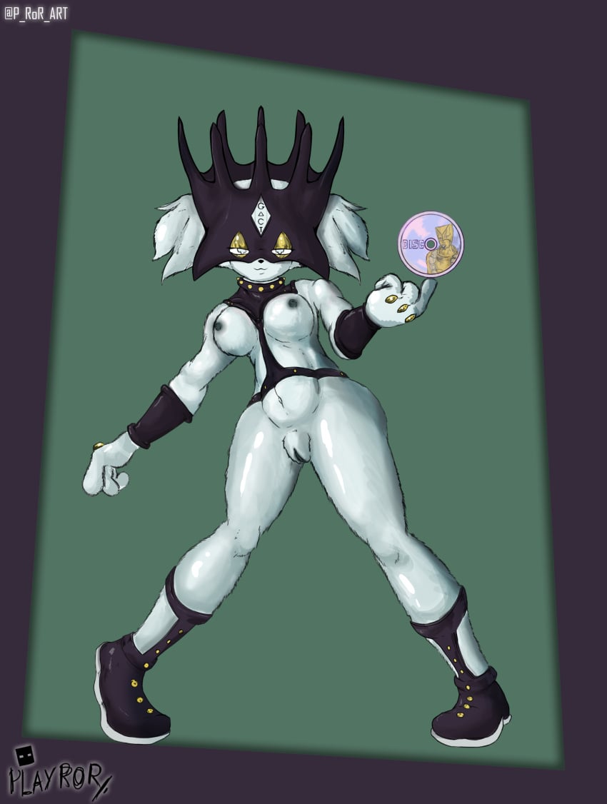 1girls black_nipples boots fusion game_freak jojo's_bizarre_adventure jojo_reference leather_straps masked_female meowscarada nintendo playror pokemon pokemon_sv sole_female stand_(jjba) stone_ocean white_body white_fur white_hair white_pupils whitesnake