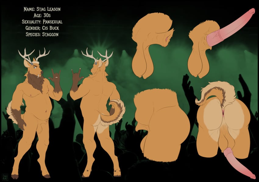 absurd_res animal_genitalia animal_penis anthro antlers anus ass balls body_modification cervine_genitalia cervine_penis cinnamomo corpse_paint custom_species deer devil_horns_(gesture) diagram expressions fangs fur genitals gesture hi_res highlights_(coloring) hooves horn looking_at_viewer male mammal model_sheet mohawk nipples orange_body orange_fur pansexual penis penis_ridge rear_view sheath slightly_chubby smile solo stag_leason teeth