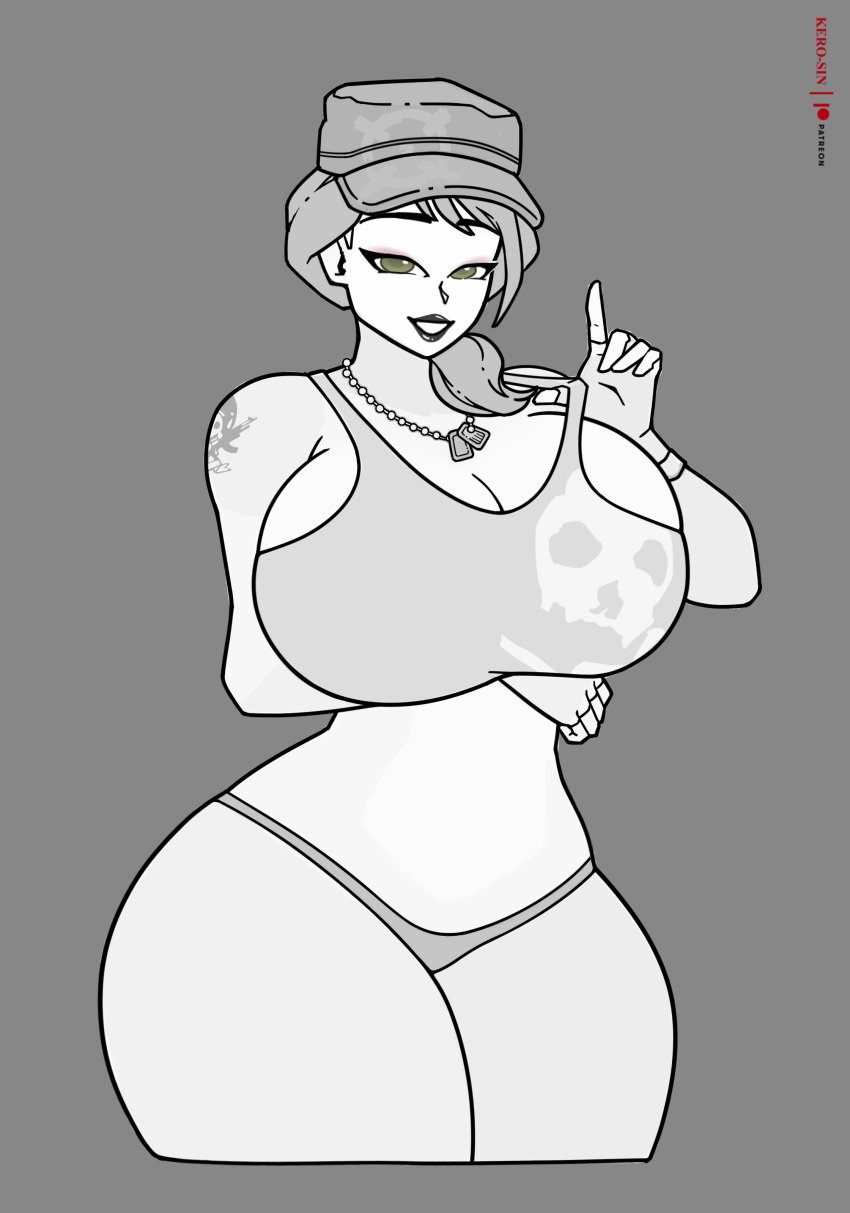 1girls big_ass big_breasts black_and_white black_hair black_lips black_lipstick breasts female female_focus female_only fortnite fortnite:_battle_royale green_eyes greyscale headhunter_(fortnite) hourglass_figure huge_breasts huge_thighs kerosin looking_at_viewer makeup smile smiling smiling_at_viewer survival_specialist tank_top thick thick_legs thick_thighs thong topwear underwear wip work_in_progress workout_clothes