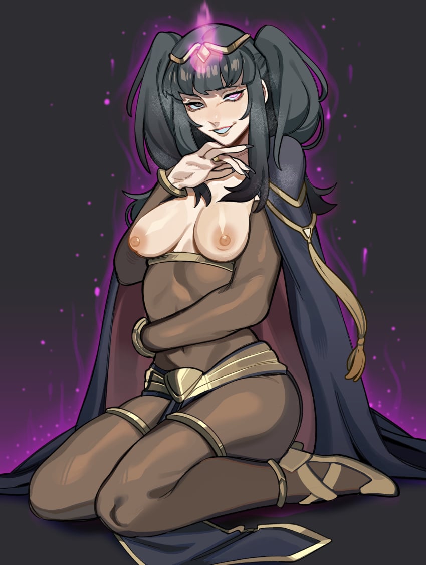 1girls black_hair bodystocking breasts breasts_out female female_only fire_emblem fire_emblem_awakening glowing glowing_eyes grey_eyes hi_res kneeling long_hair looking_at_viewer narrowed_eyes nintendo nipples porqueloin smug solo source_request tharja_(fire_emblem) twintails