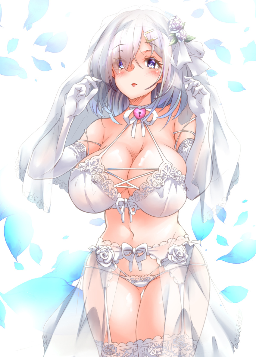 1girls alternate_costume ass blue_eyes bra bra_removed breasts bridal_lingerie bridal_veil bride elbow_gloves female garter_belt gloves hair_ornament hair_over_one_eye hairclip hamakaze_(kantai_collection) heart-shaped_lock high_heels highres huge_breasts kantai_collection lingerie multiple_views panties pulumelo short_hair showgirl_skirt strappy_heels thighhighs underwear underwear_only veil wedding_lingerie white_bra white_footwear white_gloves white_hair white_panties white_thighhighs